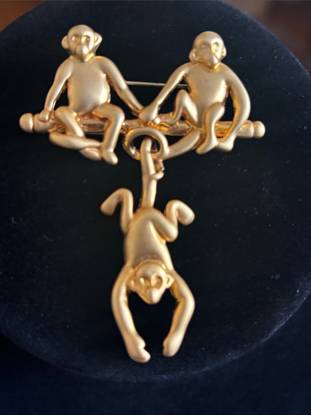Gold Tone Monkey Trio Dangling Brooch - Women's Jewelry